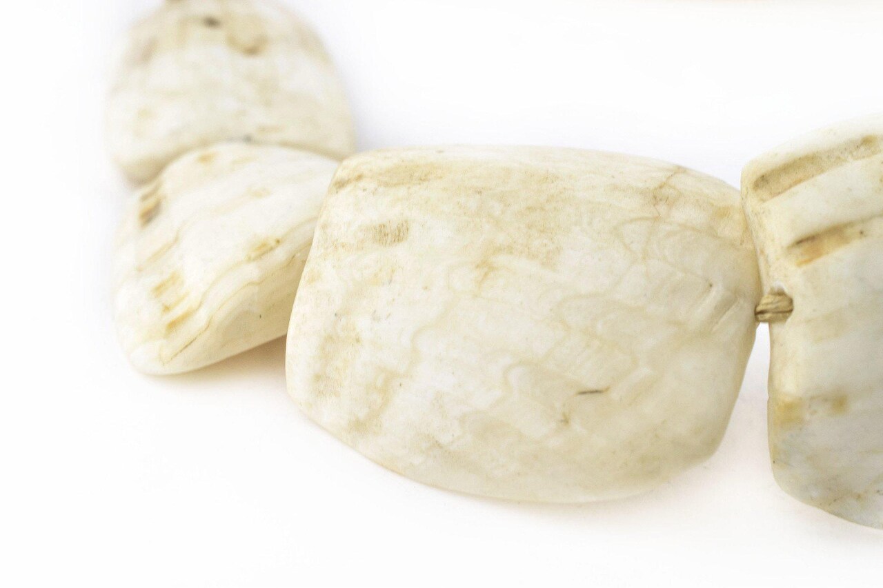The Bead Chest West African Hippo Teeth Shell Beads 30mm Mauritania White Unusual Large Hole 28 Inch Strand Handmade